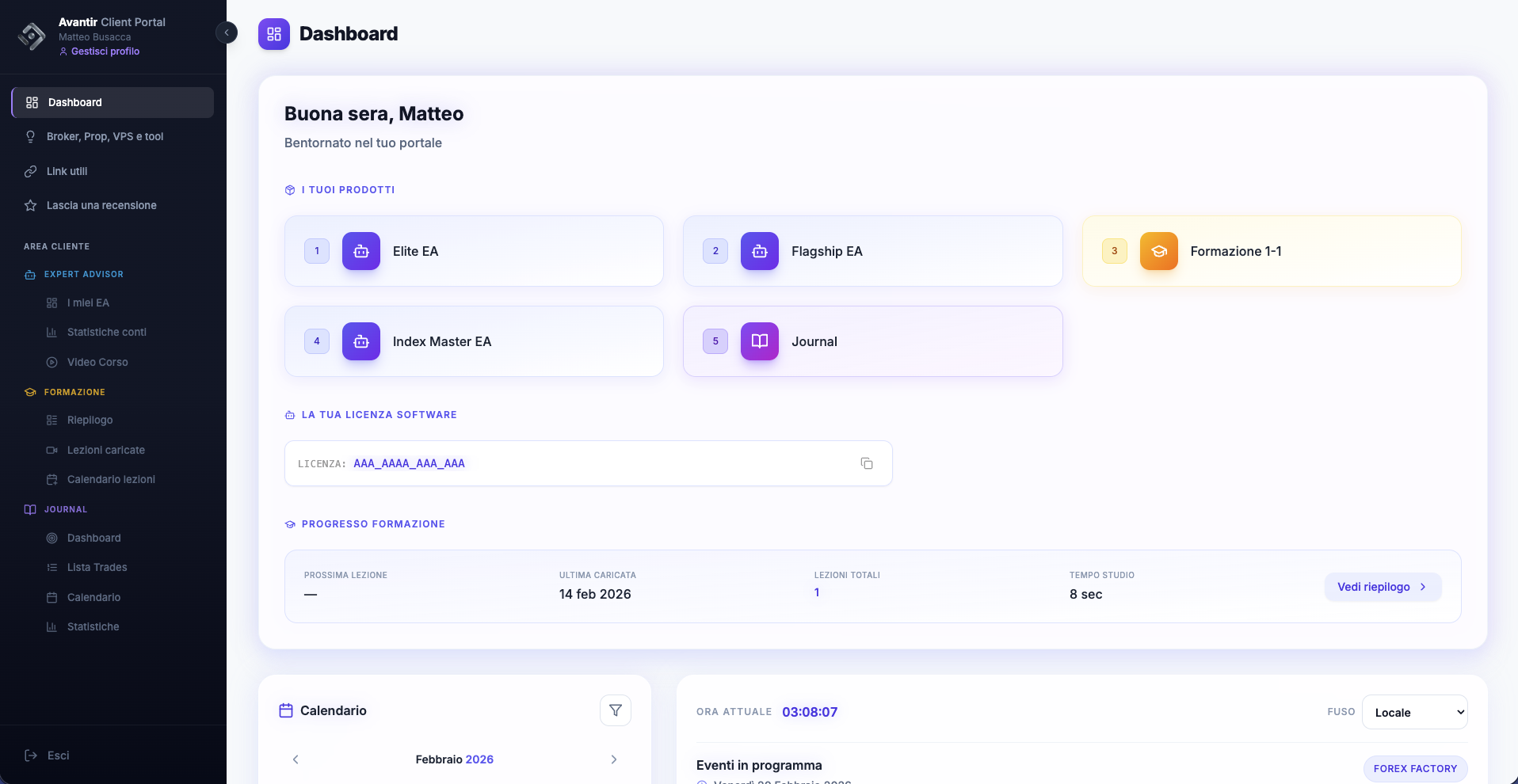 Dashboard e licenza